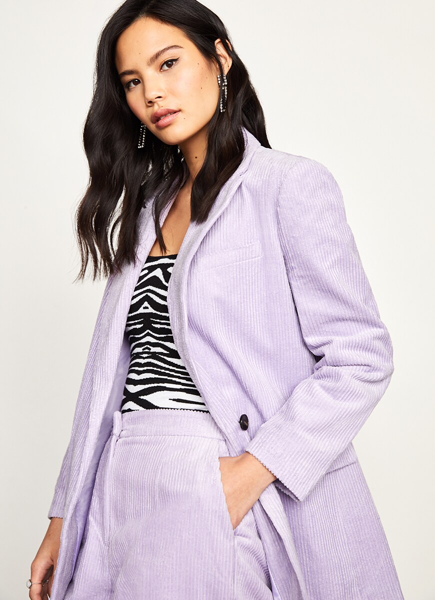 Lilac corduroy suit and zebra-print top available at ASOS | ASOS Style Feed