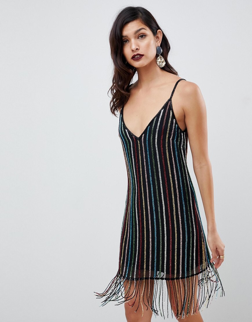ASOS DESIGN stripe fringe sequin mini slip dress | ASOS Fashion & Beauty Feed