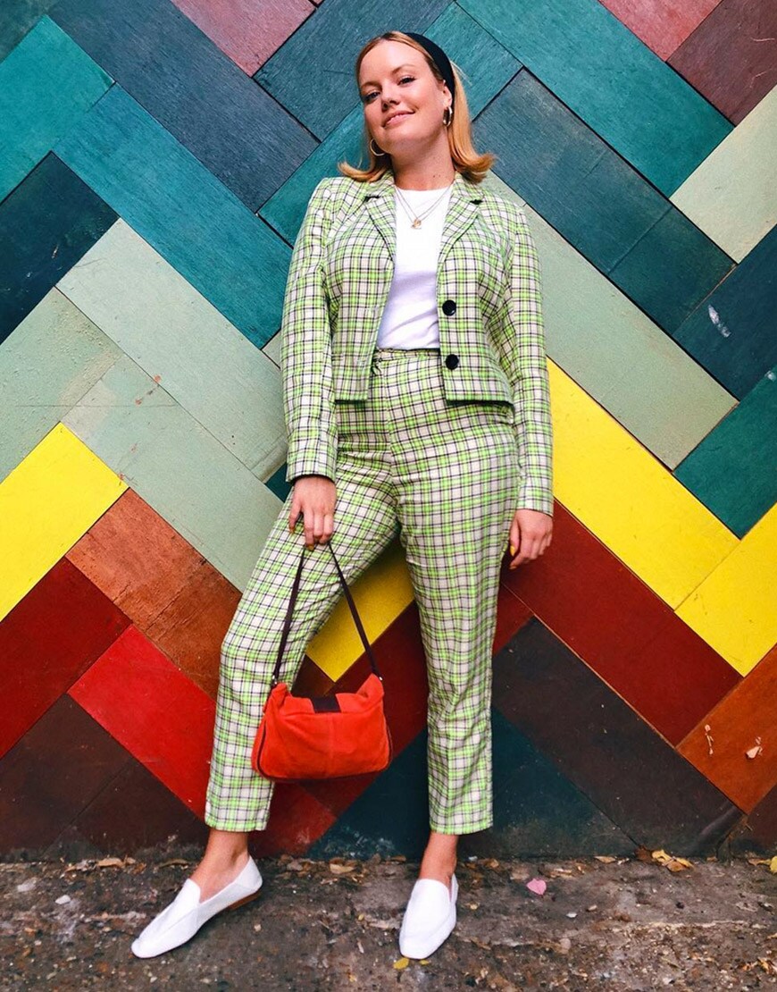 ASOS Insider Lotte wearing green check suit with white tee and loafers