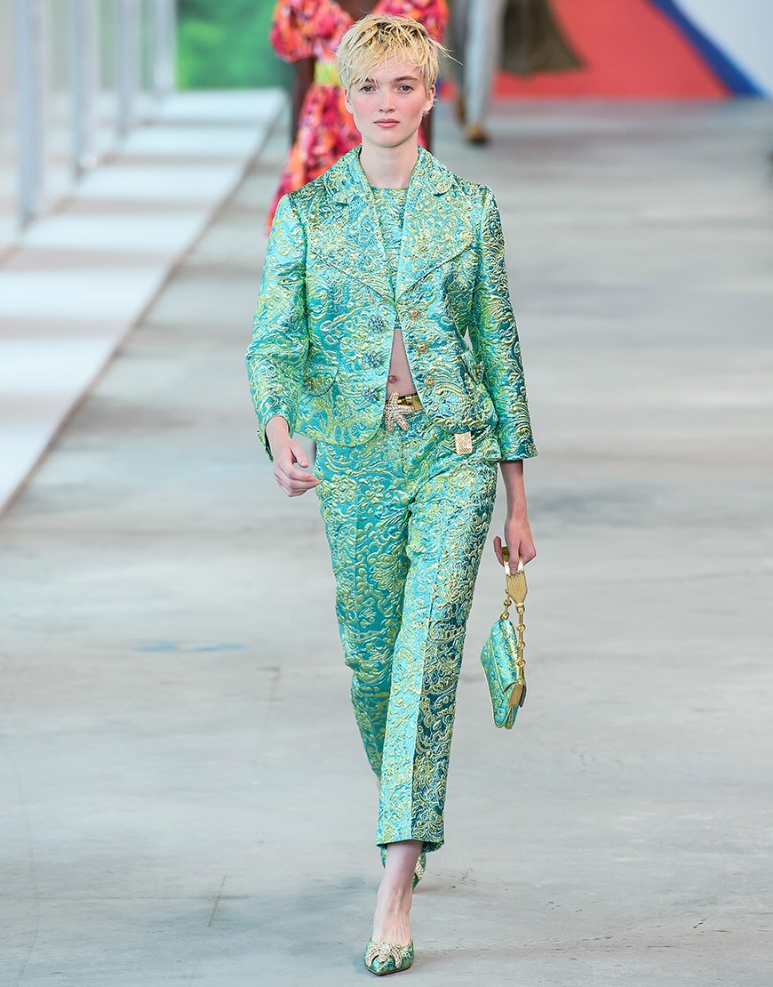 Green silk jacquard three piece suit from Michael Kors Collection Spring Summer 2019