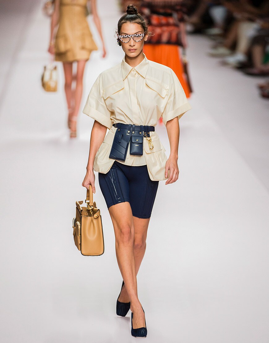 Bella Hadid modelling legging shorts on Fendi runway for Spring Summer 2019 collection