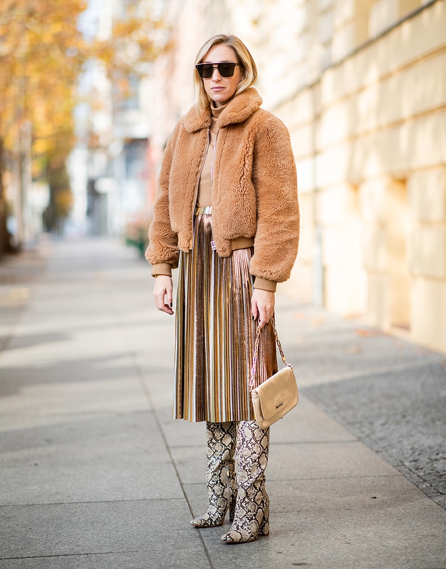 A blogger in a camel borg coat and trending snakeskin boots | ASOS Style Feed