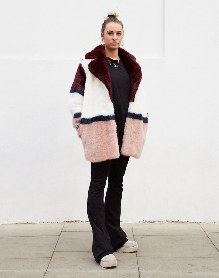 Jakke mid length faux fur coat in colour block available at ASOS | ASOS Style Feed