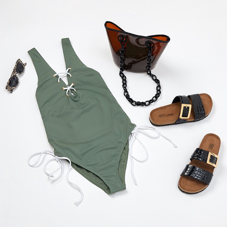 ASOS swimsuit, perspex bag and sliders for spring summer