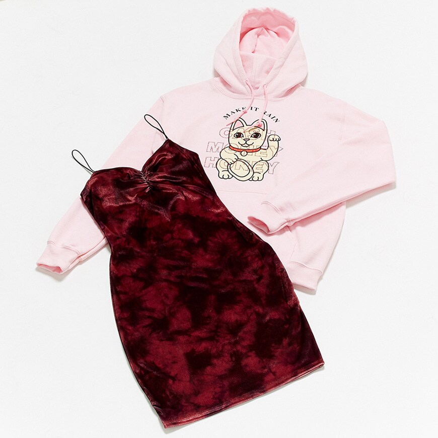 New Girl Order pink hoodie and red velvet dress | ASOS Style Feed