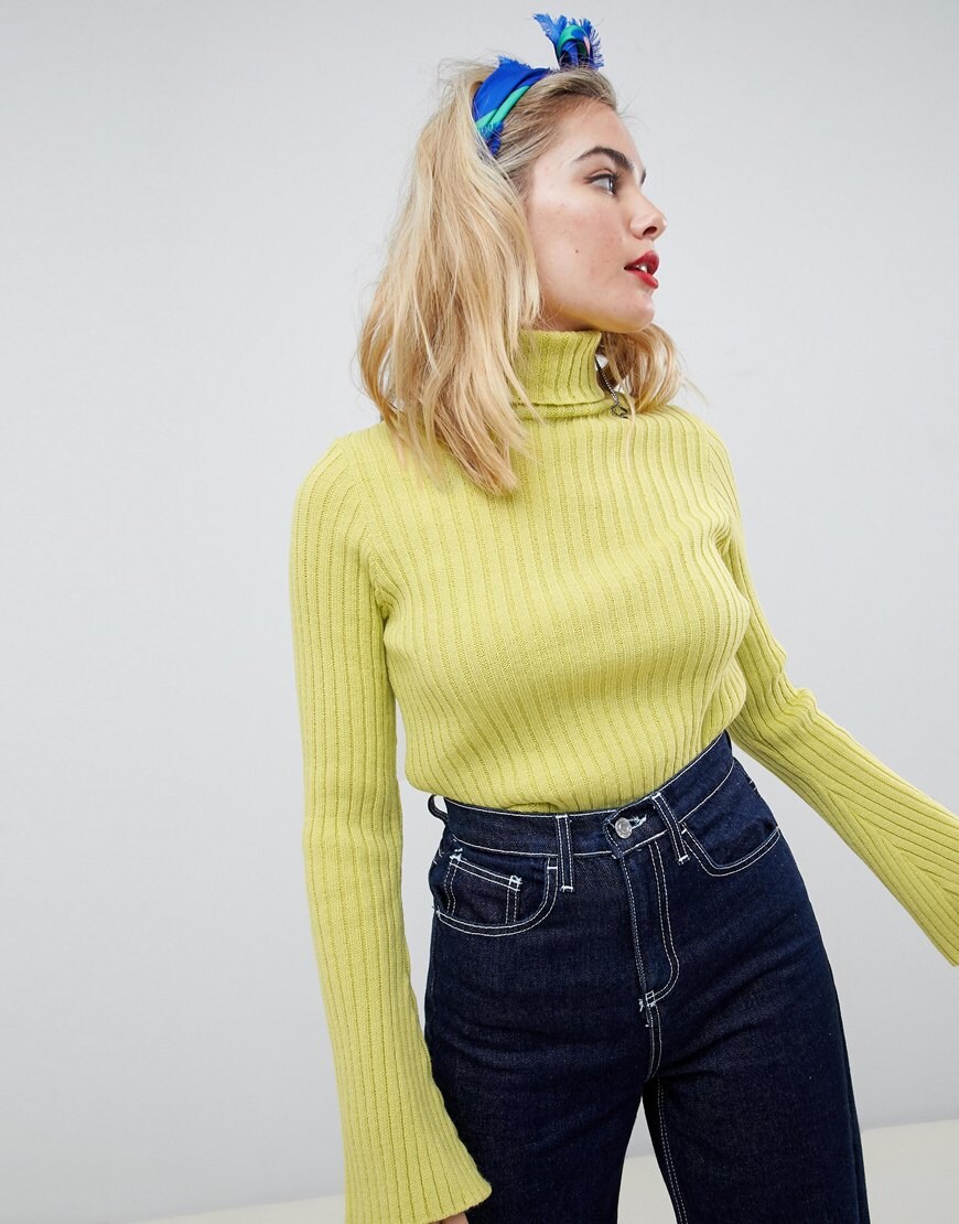 Pull col best sale roulé jaune femme