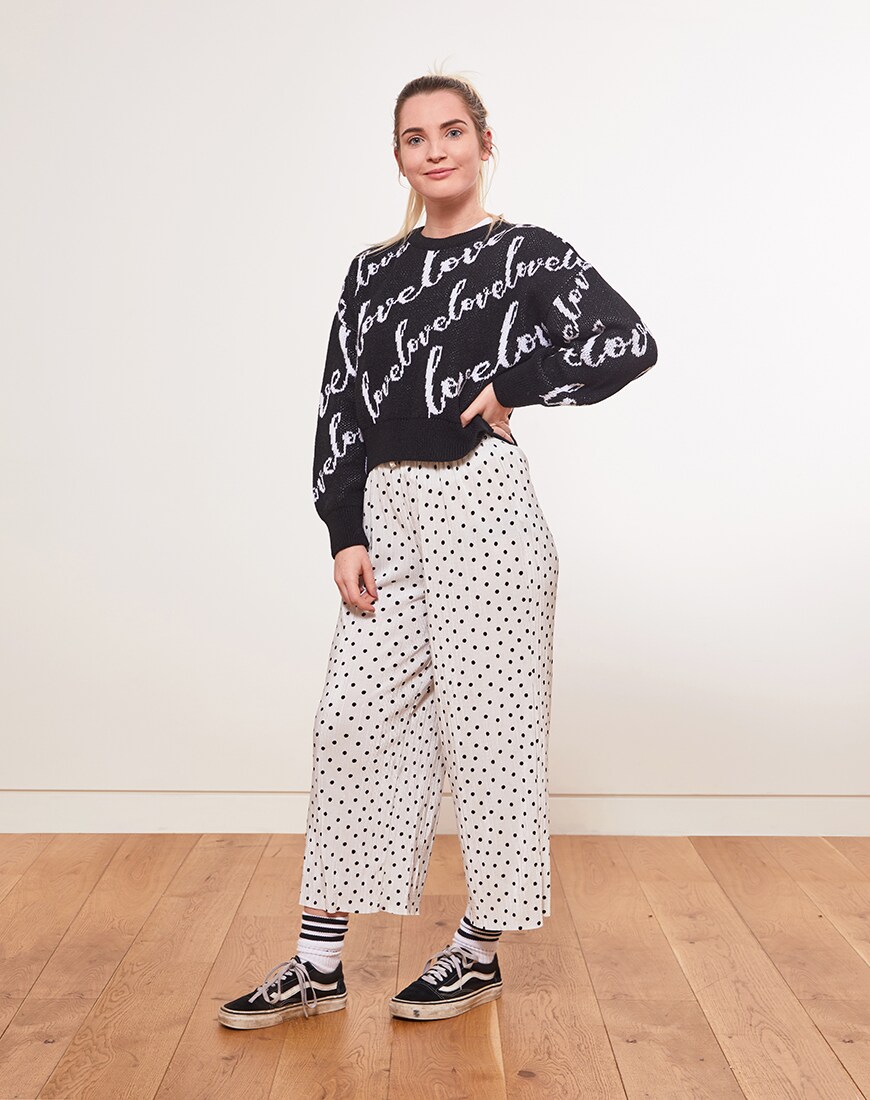 ASOS DESIGN crop jumper with all over love logo available at ASOS | ASOS Style Feed