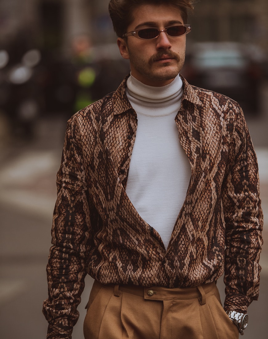 A street style picture of a man in a snake print shirt | ASOS Style Feed