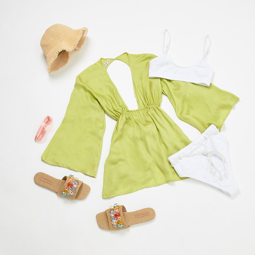 asos swimwear strand flatlay outfit