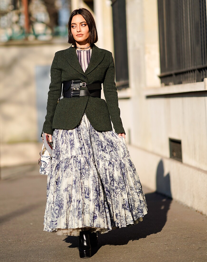 Street style of a blazer, waist belt and full skirt | ASOS Style Feed