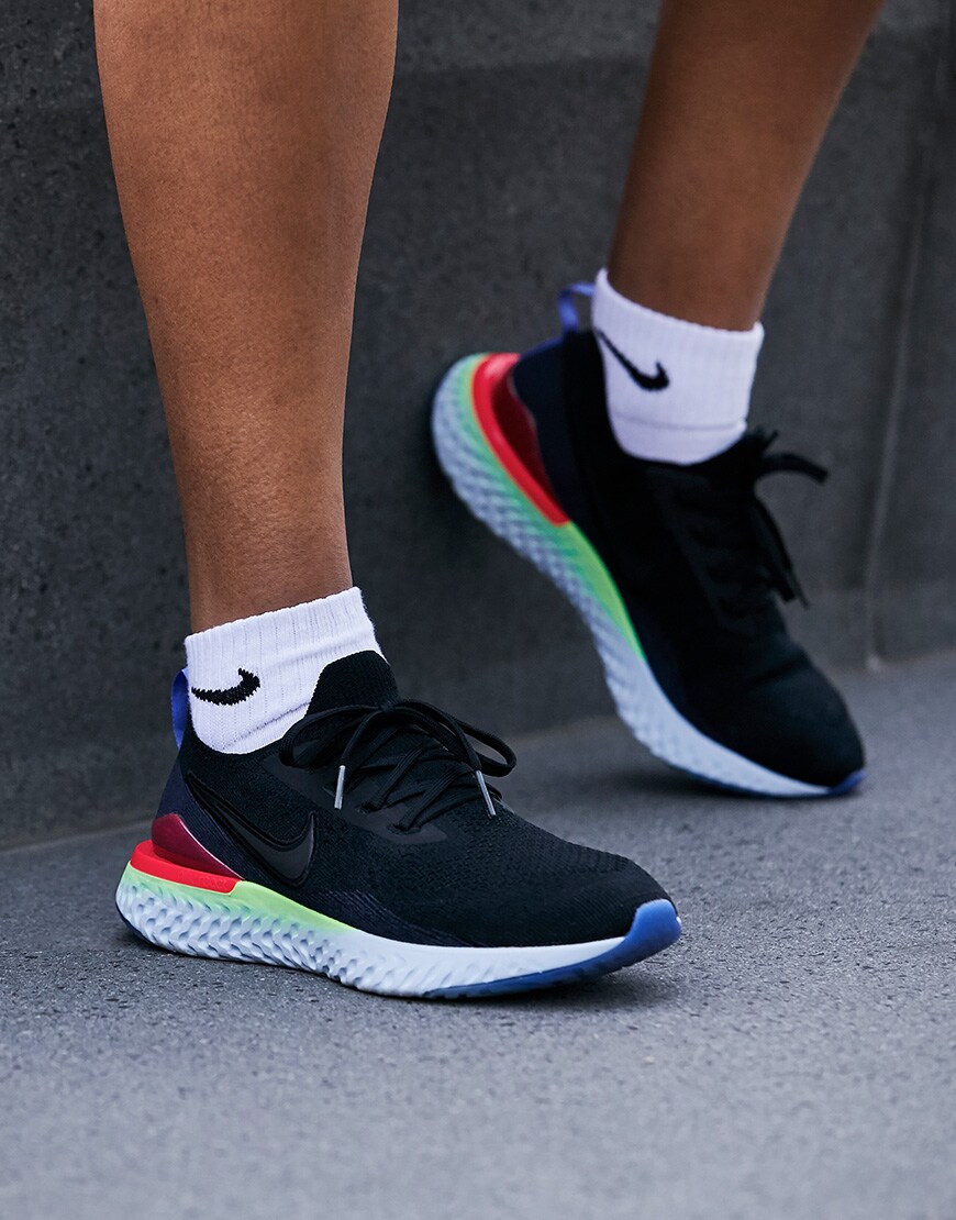 A picture of a pair of black Nike Epic React running trainers. Available on ASOS.