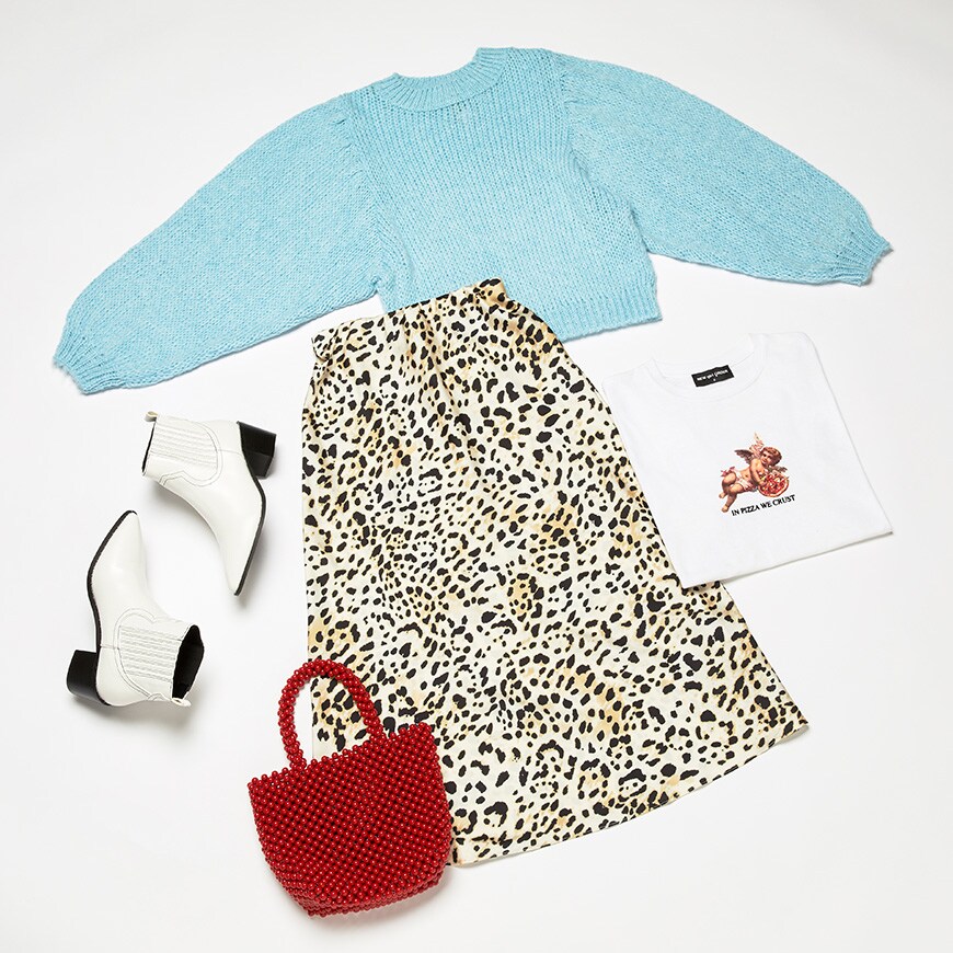 Leopard print satin skirt and blue knit available at ASOS | ASOS Style Feed