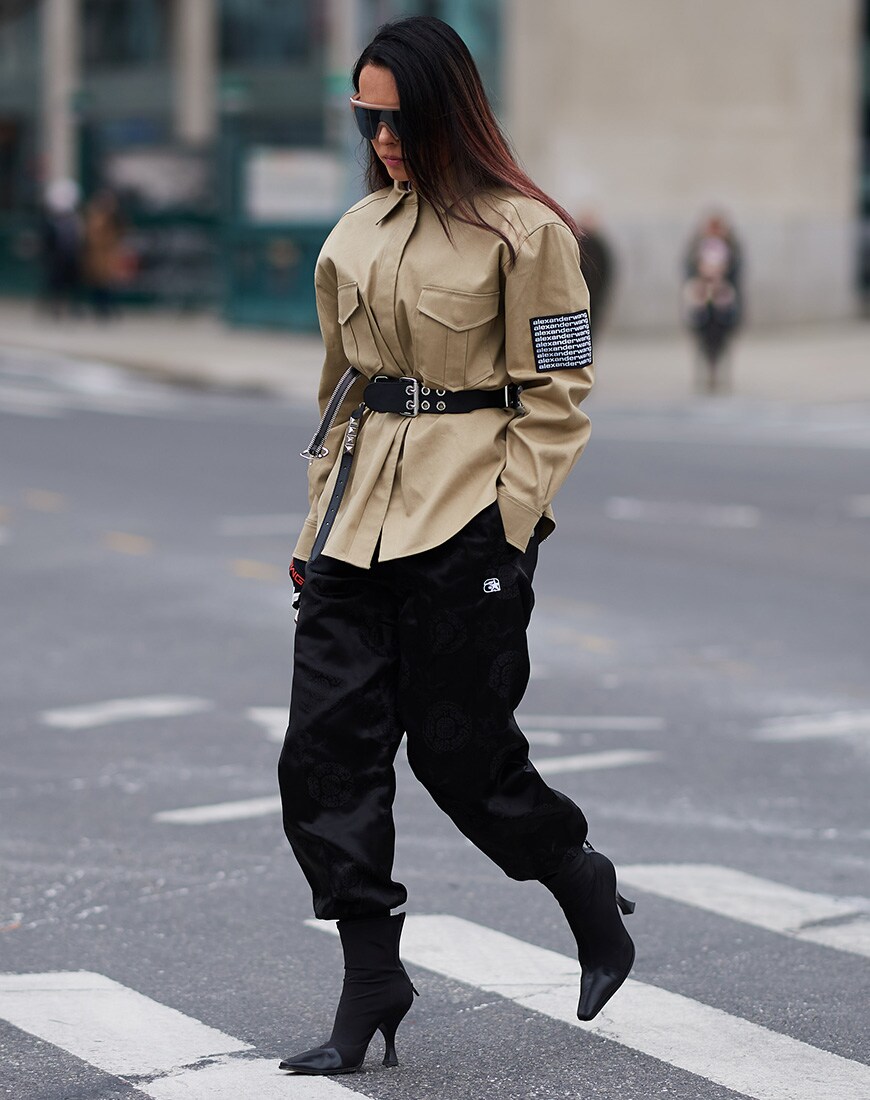 Street style image of Evangelie Smyrniotaki in a utility shirt and pants | ASOS Style Feed