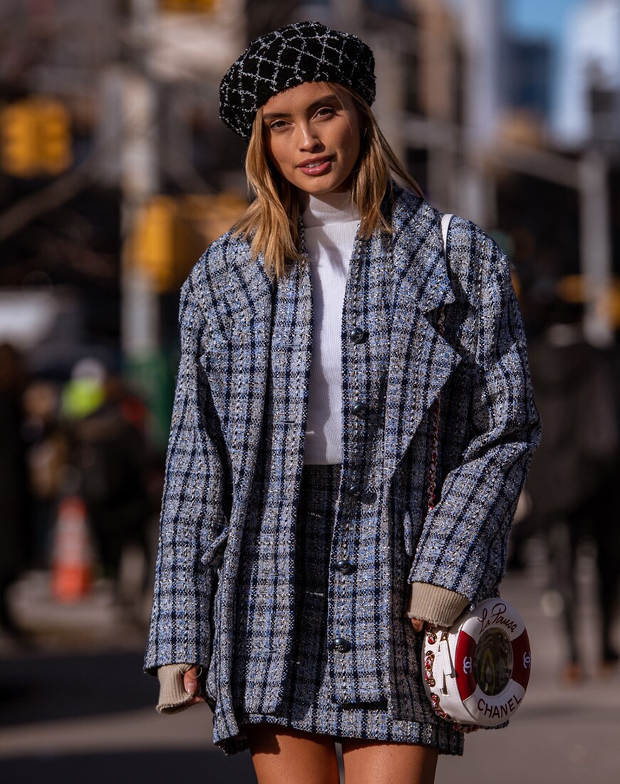 Street style image of girl in a boucle suit and beret | ASOS Style Feed