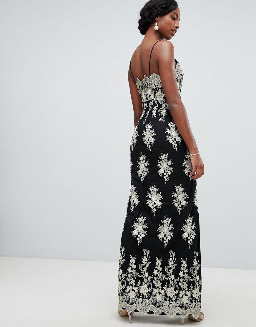 chi chi london petite scalloped plunge maxi prom dress with gold embroidery