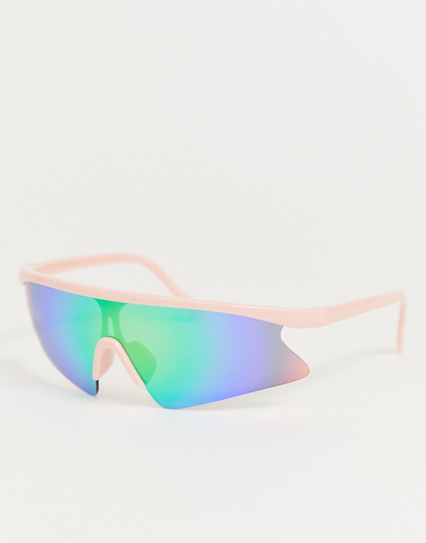 ASOS DESIGN – Visor-Sonnenbrille in Rosa mit halbem Rahmen und blau getönten Gläsern