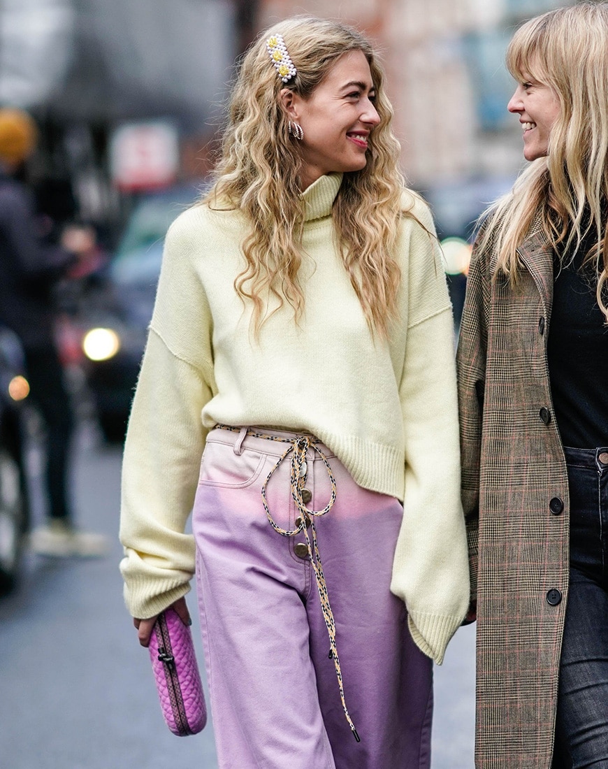 Street style look of yellow knit and lilac jeans | ASOS Style Feed