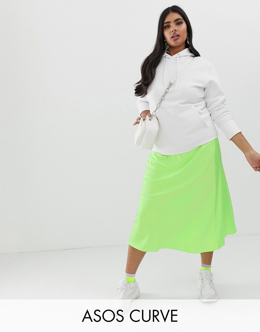 ASOS DESIGN Curve satin slip neon skirt | ASOS Style Feed