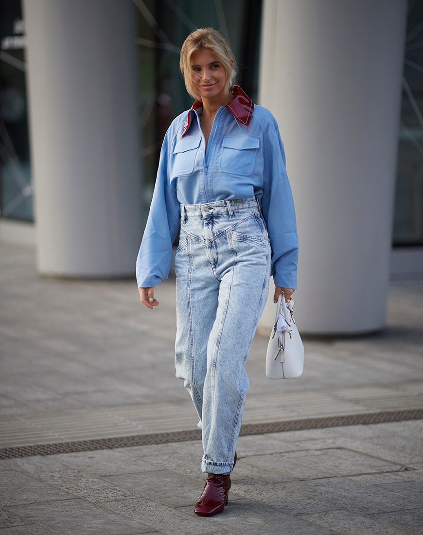 Street style image of a woman in a blue shirt | ASOS Style Feed
