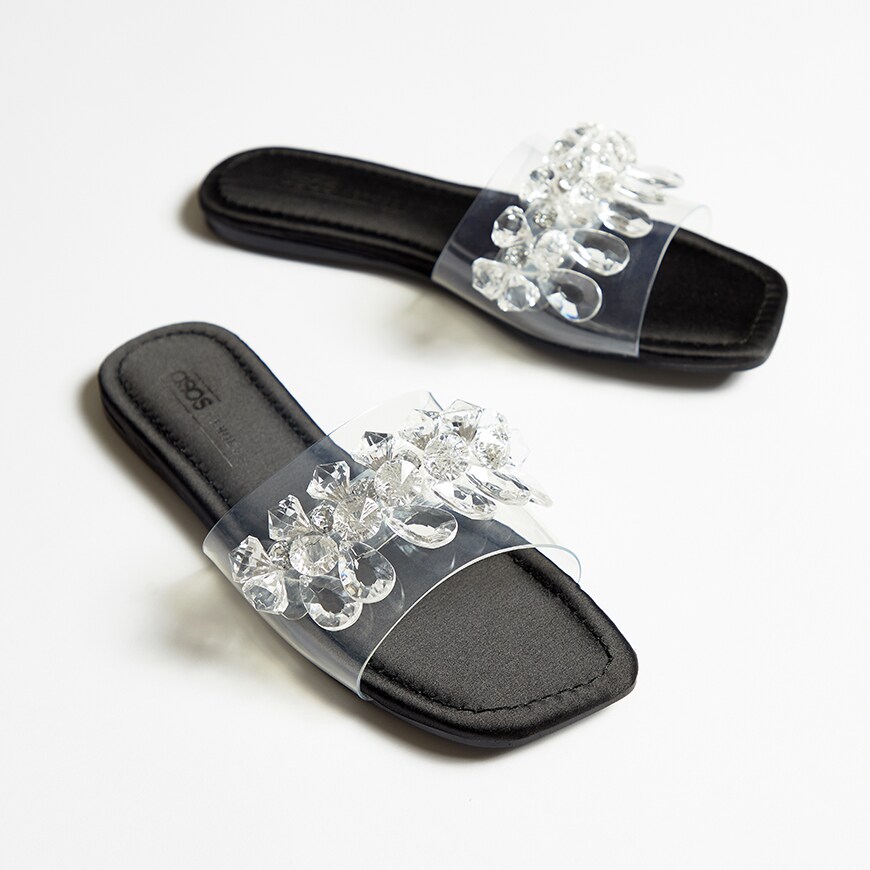ASOS DESIGN Fleur clear embellished sliders | ASOS Style Feed