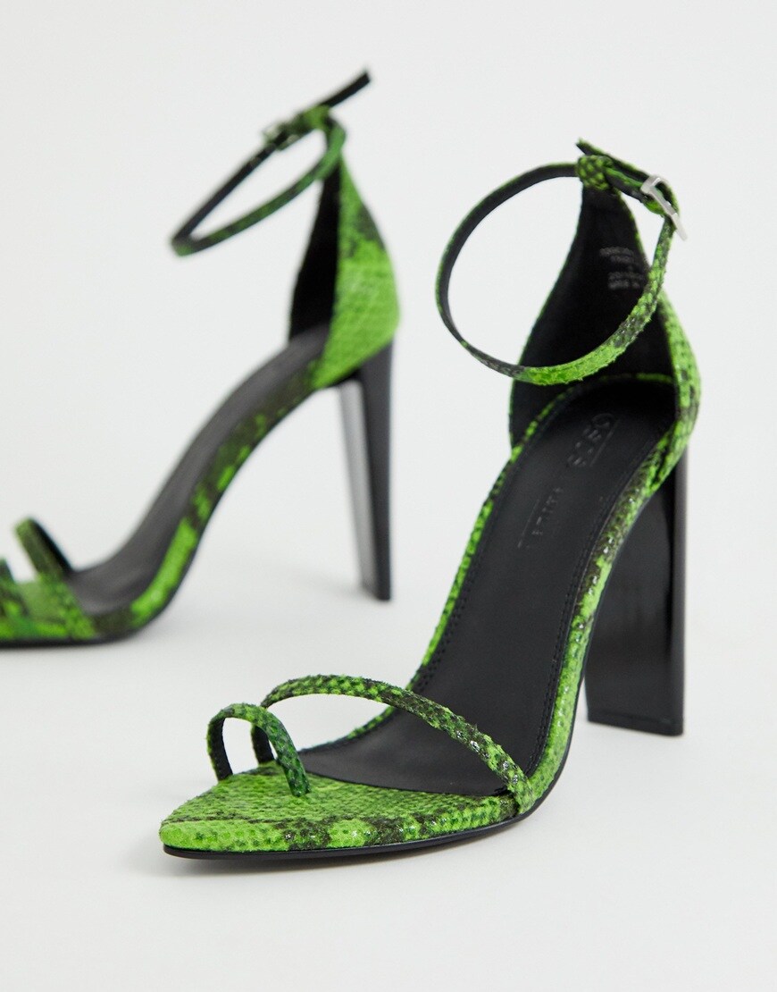 ASOS DESIGN Harper barely there heeled sandals in green snake | ASOS Style Feed