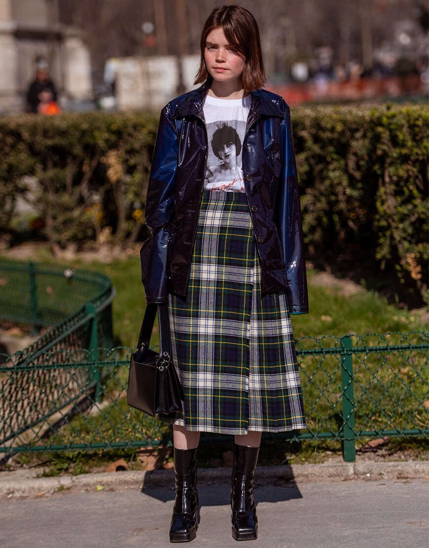 A street style image of a woman in a kilt skirt | ASOS Style Feed