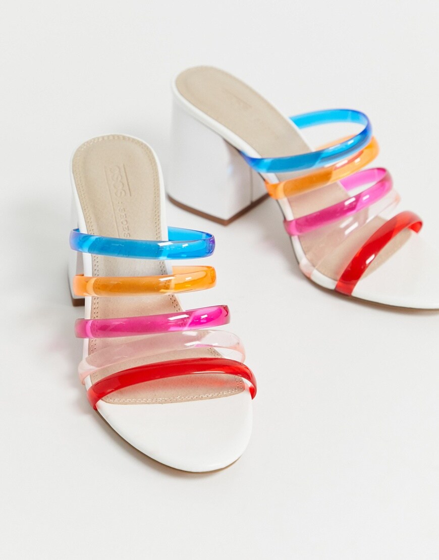 A picture of some block-heeled sandals with rainbow strapping. Available at ASOS.
