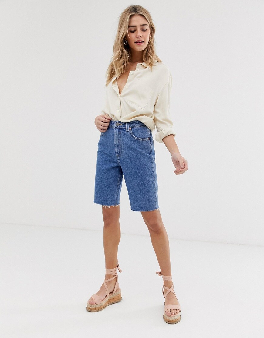 ASOS DESIGN recycled denim farleigh high rise longline shorts in blue | ASOS Style Feed