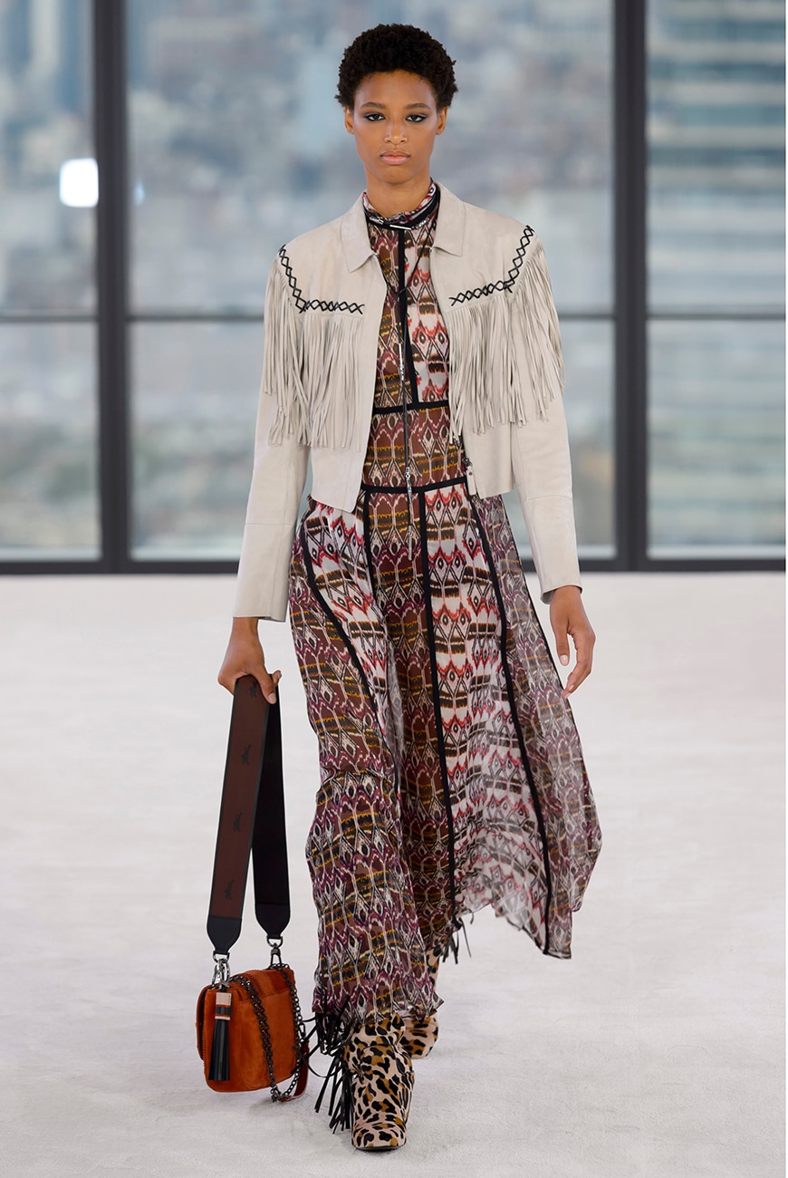 Runway picture of a model in a fringed coat from Longchamp Spring Summer 2019 | ASOS Style Feed