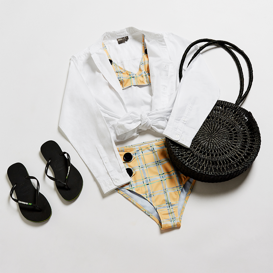 A flat lay of a white shirt and bikini | ASOS Style Feed