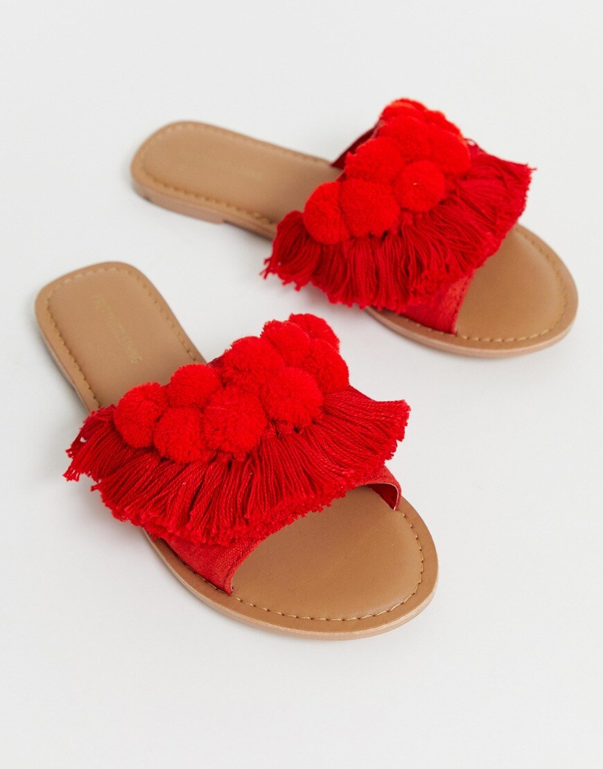PrettyLittleThing fringed pom-pom sandals | ASOS Style Feed