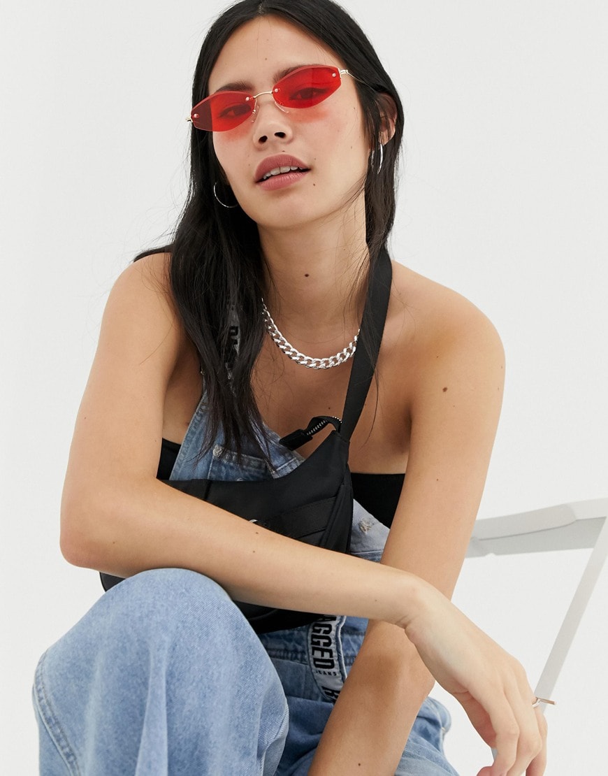 ASOS DESIGN – Sechseckige Sonnenbrille ohne Rahmen mit roten Gläsern