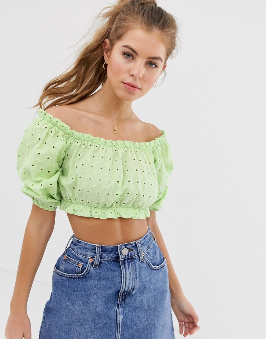 Pull&Bear - Top brodé manches courtes - Vert