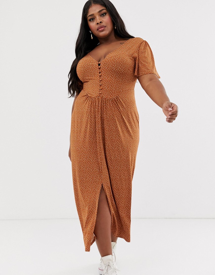 ASOS DESIGN Curve jersey crepe maxi tea dress with self covered buttons in brown spot | ASOS Style Feed