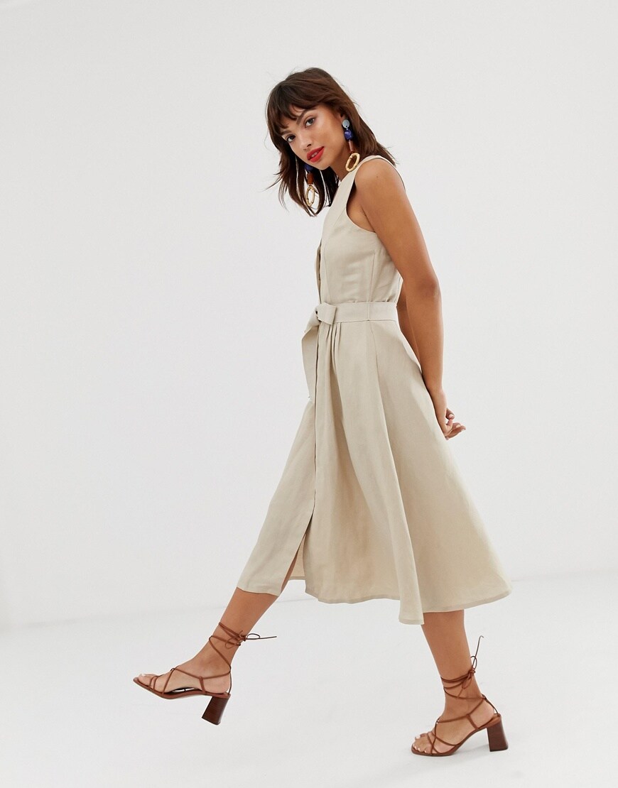 & Other Stories belted linen blend midi dress in natural beige | ASOS Style Feed