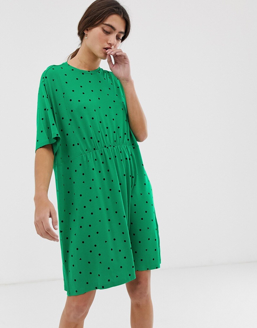 Monki triangle dot print jersey mini smock dress in green | ASOS Style Feed