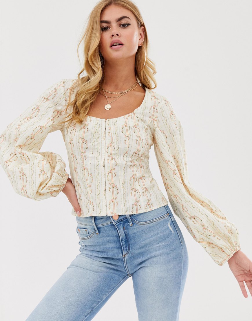 ASOS DESIGN corset detail top with bell sleeve in vintage floral print | ASOS Style Feed