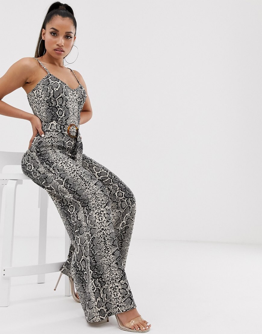 PrettyLittleThing Petite exclusive cami jumpsuit with belted waist in snake | ASOS Style Feed