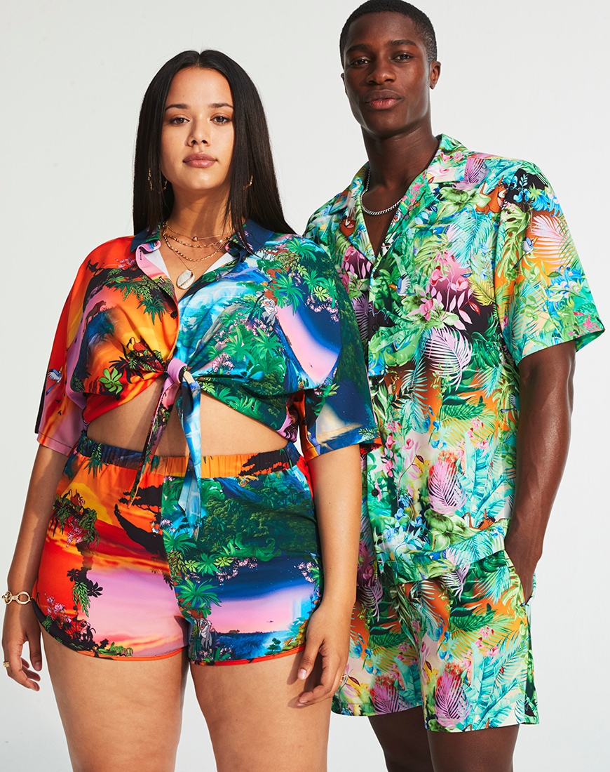 A picture of two models wearing co-ords from The Lion King X ASOS DESIGN collaboration. Available at ASOS.