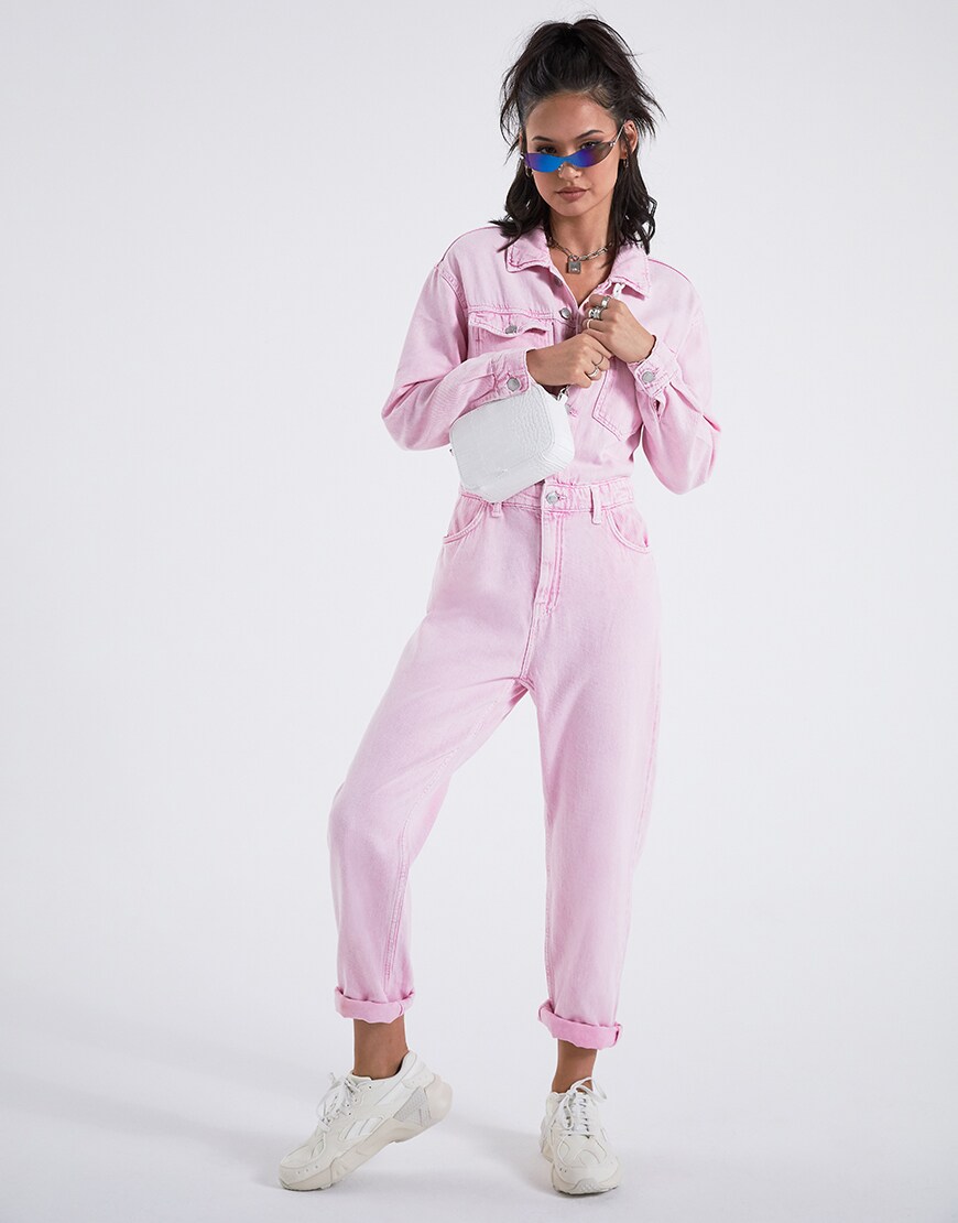 A model in a pink denim jumpsuit | ASOS Style Feed