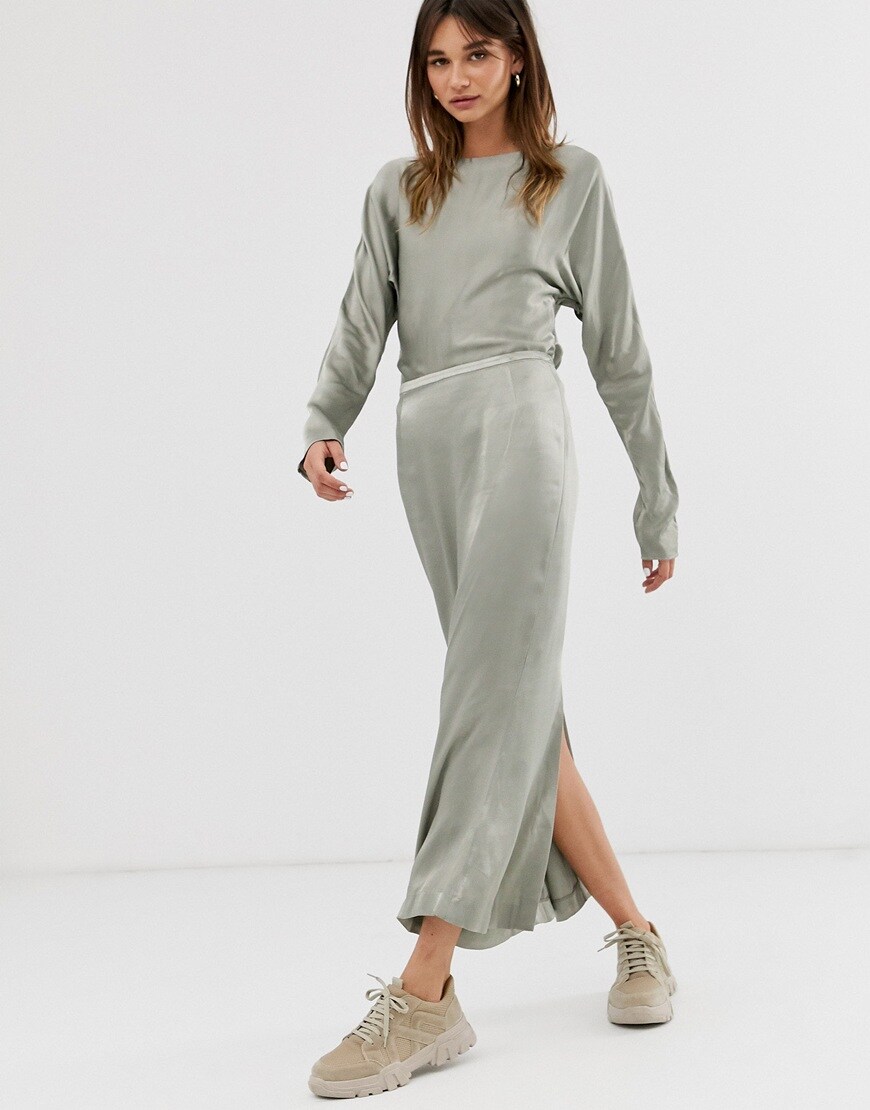 Weekday limited edition maxi satin skirt in olive green | ASOS Style Feed