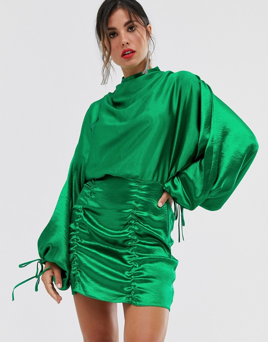 ASOS DESIGN satin mini dress with ruched skirt and blouson top | ASOS Style Feed
