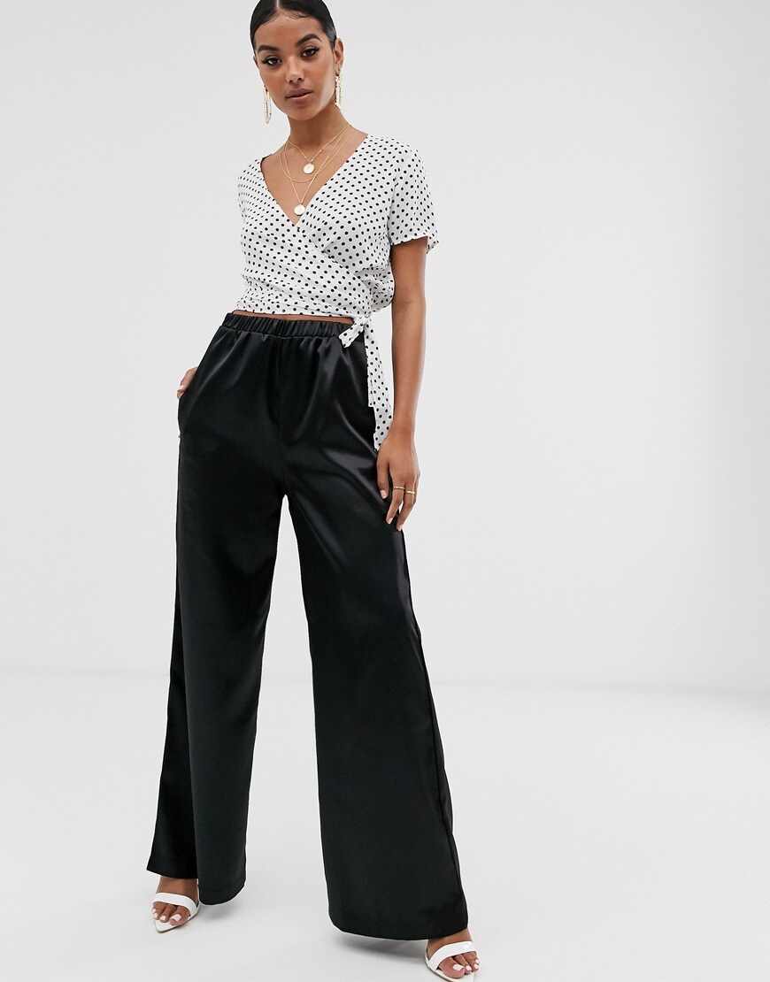 NA-KD wide leg satin trousers in black | ASOS Style Feed