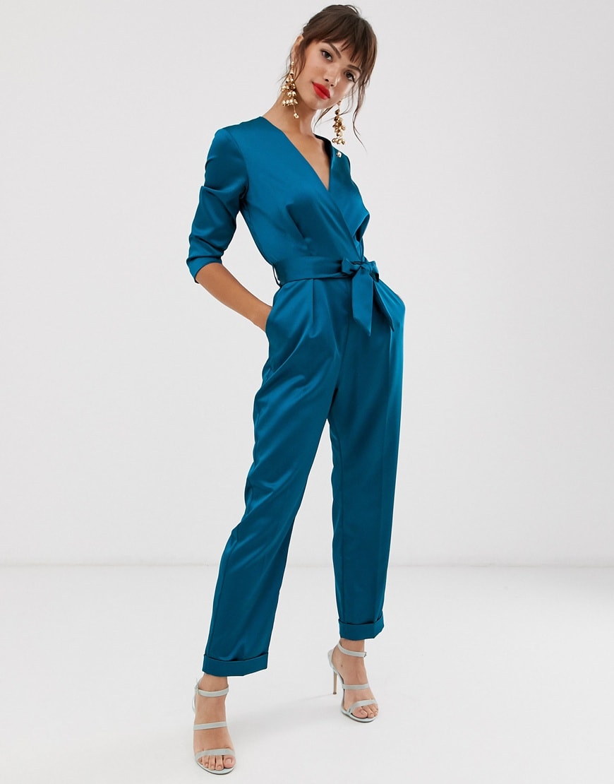 Closet crossover satin jumpsuit in teal | ASOS Style Feed