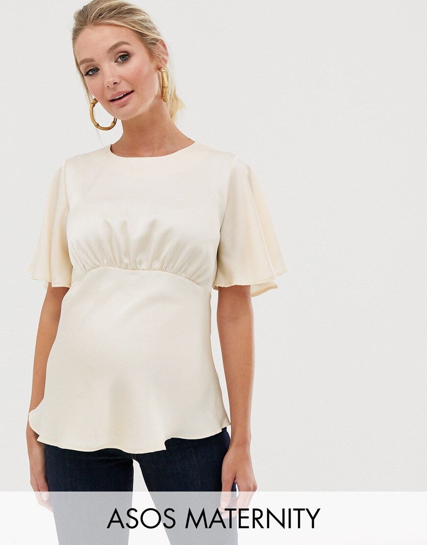 ASOS DESIGN Maternity top with flutter sleeve in satin | ASOS Style Feed