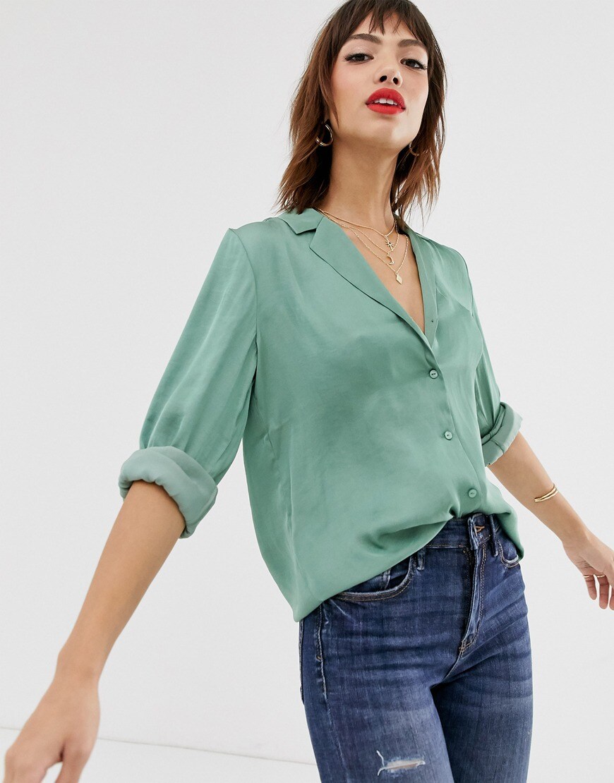 Warehouse satin shirt in green | ASOS Style Feed