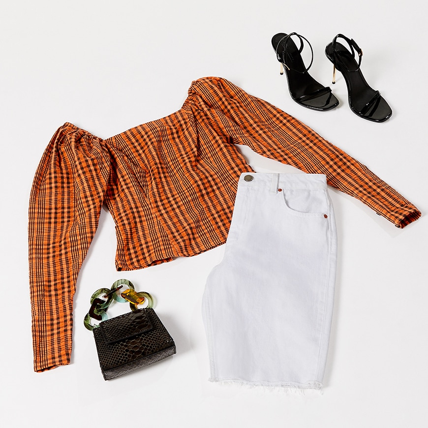 A flatlay of a check top and white jeans | ASOS Style Feed