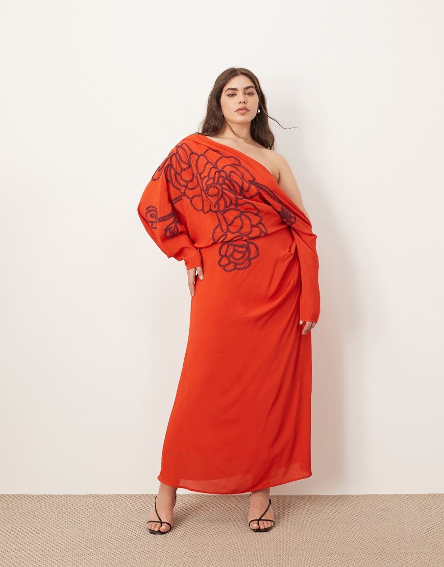 ARRANGE Curve linear embroidered floral slouchy shoulder drape midi dress in red | ASOS Style Feed