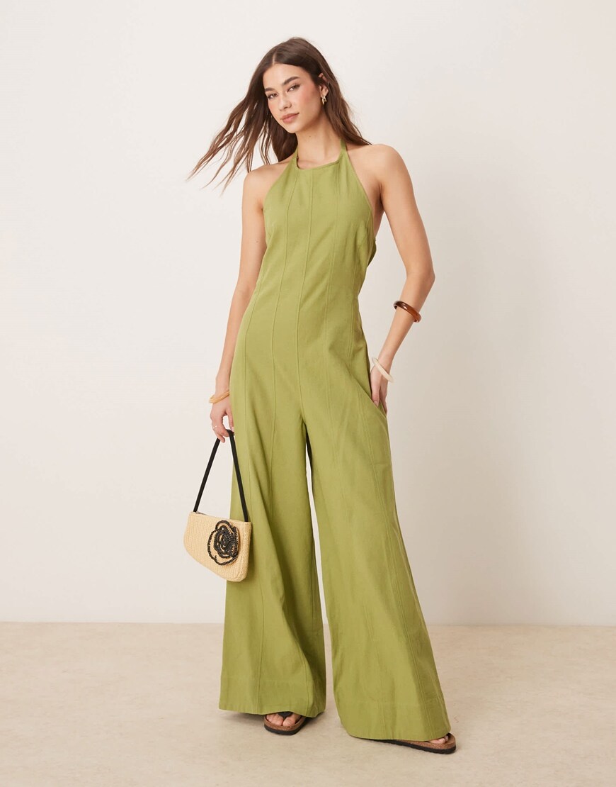 ASOS DESIGN halterneck seamed jumspuit with wide leg in sage | ASOS Style Feed