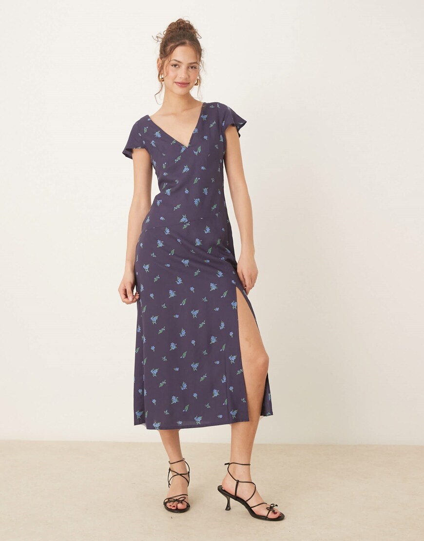 ASOS DESIGN v neck flutter sleeve midi tea dress in navy ditsy floral print | ASOS Style Feed